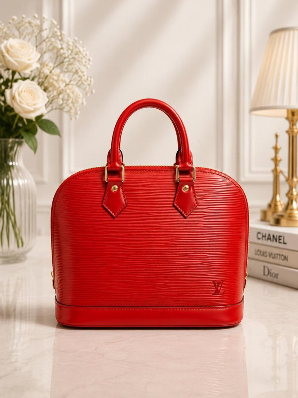 Authentic Louis Vuitton Alma Epi Leather Red Top Handle Satchel Bag